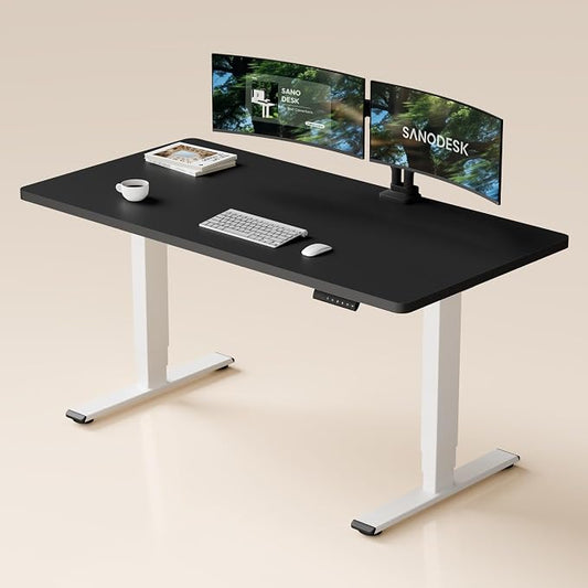 SANODESK Dual Motor Standing Desk 220lbs Height Adjustable Desk | 60"x24" Spacious One-Piece Black Desktop & White Frame, 4 Memory Presets, 3-Stage Legs, 220lbs, 2-Box for Home & Office