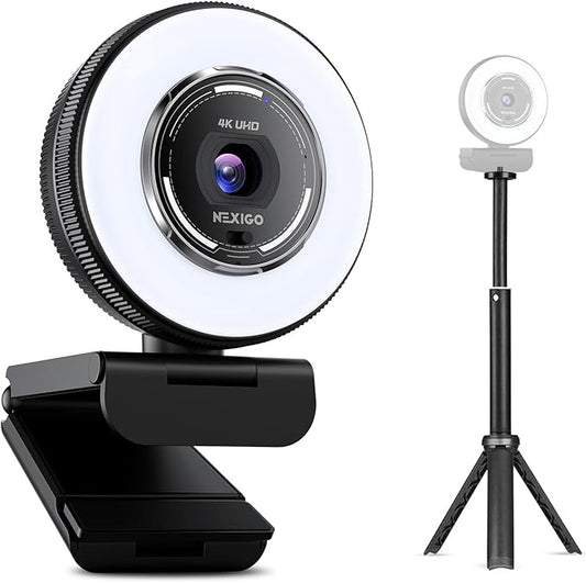 NexiGo 4K Streaming Webcam Kit, N680E Pro UHD Webcam w/Ring Light, PDAF Autofocus, 1080p 60FPS, Dual Noise-Canceling Mics, Privacy Shutter, Lightweight Mini Tripod, for Zoom/Teams/Twitch/Google Meet