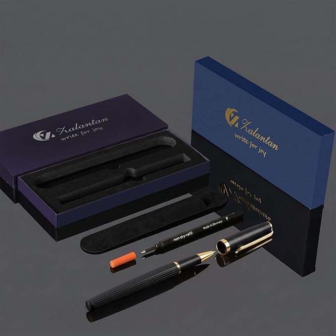 Liquid Ink Rollerball Pen,Rollerball Pen Smooth Writing Metal Body with 2 Schmidt Refills, Striped Barrel Design Nice Luxury Fancy Gift Set, Business signature journal(Black)
