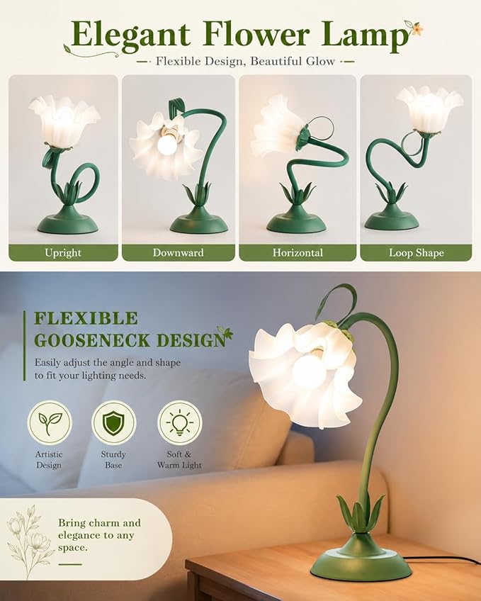 WERFOP Flower Table Lamp, LED Reading Light Vintage Bedside Table Lamp with 3 Color Modes for Nightstand, Kawaii Decoration for Home Bedroom Living Room (Green)