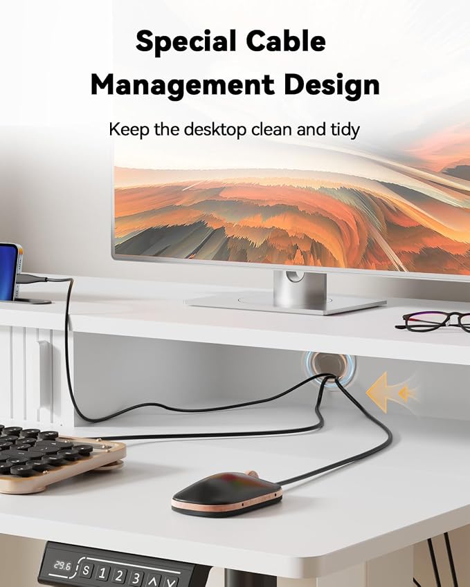 JOY worker 35" Small Electric Standing Desk with Monitor Stand & Storage | White 35" x 25" Height Adjustable Desk for Tight Space, Shutter Door & Drawer, Sit Stand Table with 2 Hooks for Home Office