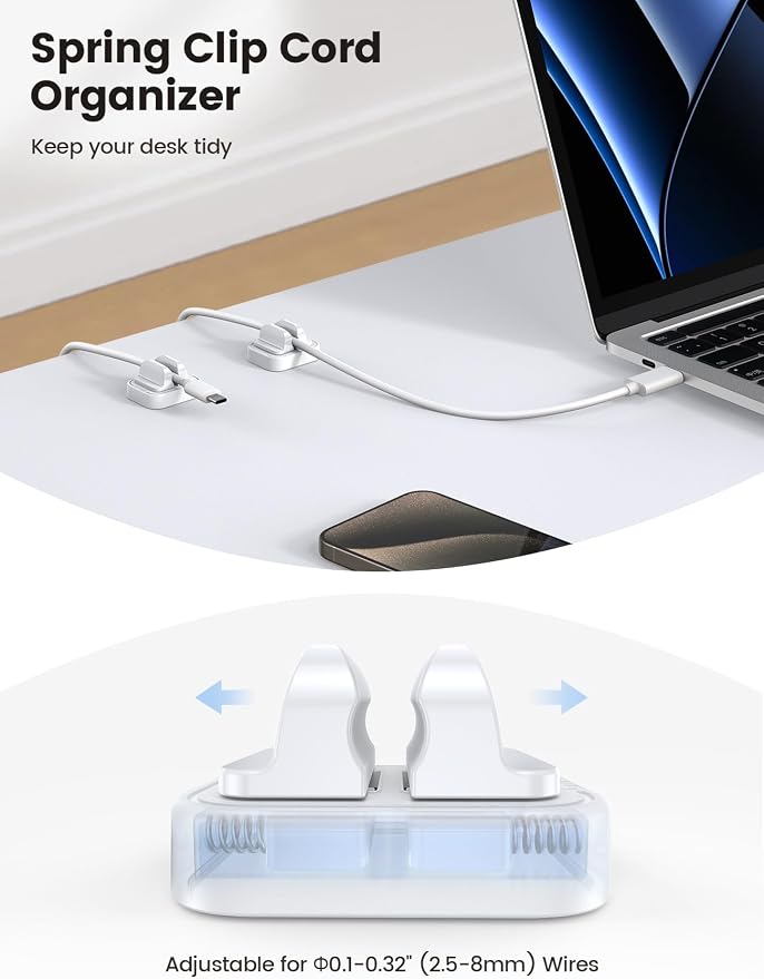 10Pack Cable Spring Holder Clips, Cord Organizer for Desk - Lamicall Adjustable Cord Clip, Wire Holder Organizer, Phone USB Charger Cable Holder, White | Wire Holder Organizer, Phone USB Charger Cable Holder, Cable Management for Nightstand Wall, Adhes...