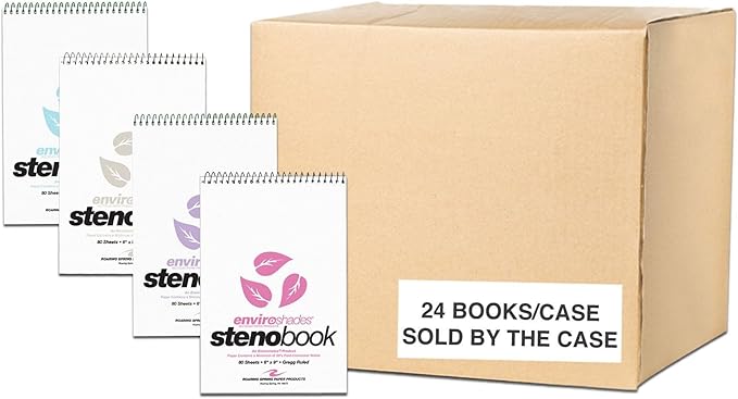 ROARING SPRING Enviroshades Colored Steno Books, 24 Pack of Memo Pads, Assorted Colors, Recycled Paper, 6" x 9", 80 Sheets, Gregg Ruled, Perforated, Wirebound, Heavy Chipboard Back