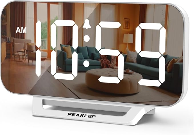 Peakeep Slim Digital Mirror Aesthetic Alarm Clock for Bedrooms Desk Decor | Plug in Electric Big LED Modern Small Clock for Office Living Room, Battery Backup, 6 Dimmers (White)