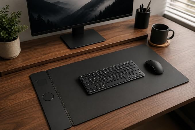 Wireless Charging Desk Mat, Detachable MagSafe & Qi Mouse Pad with Hidden Storage Pocket, 4-in-1 Charges iPhone, Android, AirPods & Wireless Earbuds, Vegan Leather, XL 30.7"x14.6" (Grey)