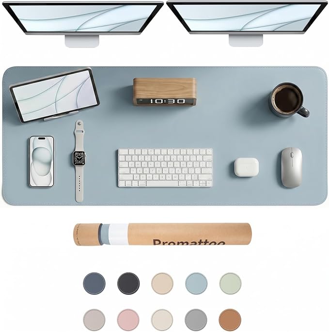 Large Desk Pad Non-Slip Desk Mat Protector for Keyboard Mouse Waterproof Vegan Leather Surface Faux Leather Laptop Mat Smooth Mouse Pad Premium Gift Tube Morning Fog Blue 47" x 17"