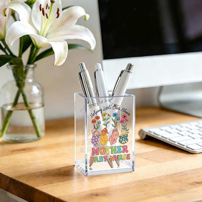 Helping Little Ones Bloom Acrylic Cosmetic Pencil Pen Bookmark Storage Holder Cup, Cute Mother Baby Nurse Holder Cup Gifts for NICU OB PICU Nursery Nurse Labor and Delivery, OB Gifts