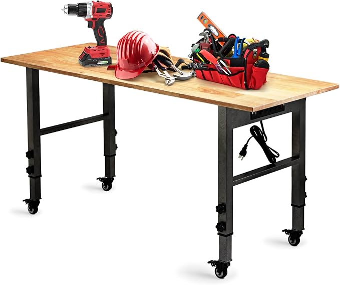 OLBRUS 54.3 "Adjustable Workbench with Power Outlet, Heavy Duty 2000 LBS Load Capacity Hardwood Workbench Suitable for Workshop, Office, Garage, Home (Metal Wheels丨Power Outlets 54.3"x21.6")