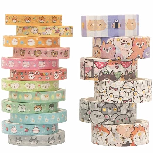 Cute Pets Washi Tape Set 18 Rolls Skinny Gold Embellishment Decorative Masking Tapes for Arts, DIY Crafts, Journals, Planners, Scrapbook, Wrapping (Puppies) (Puppies)