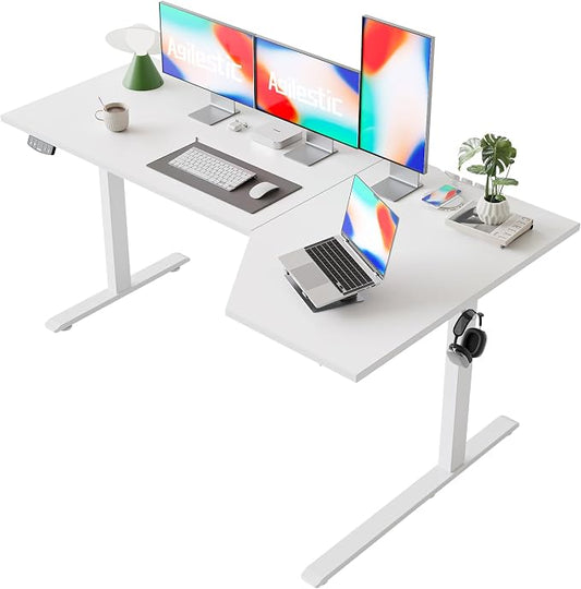 Agilestic Electric Standing Desk, Height Adjustable Desk, 63 x 35 Inch Sit Stand up for Work Office Home, L Shaped Ergonomic Rising Computer Table with Memory Preset, White