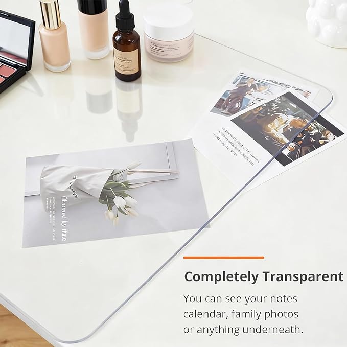 Makeup Mat for Vanity Top 20in x 41in, PVC Desk Mat - Easy to Clean, Waterproof & Oilproof Vanity Accessories - Clear 1mm