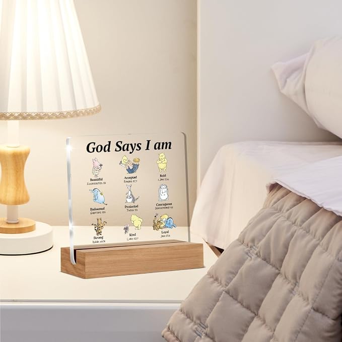 Pooh Bear Gifts for Women Christian Gifts Inspirational Gift God Says Pooh Clear Desk Decorative Sign Acrylic Sign With Wooden Stand for Office Desk Table Shelf