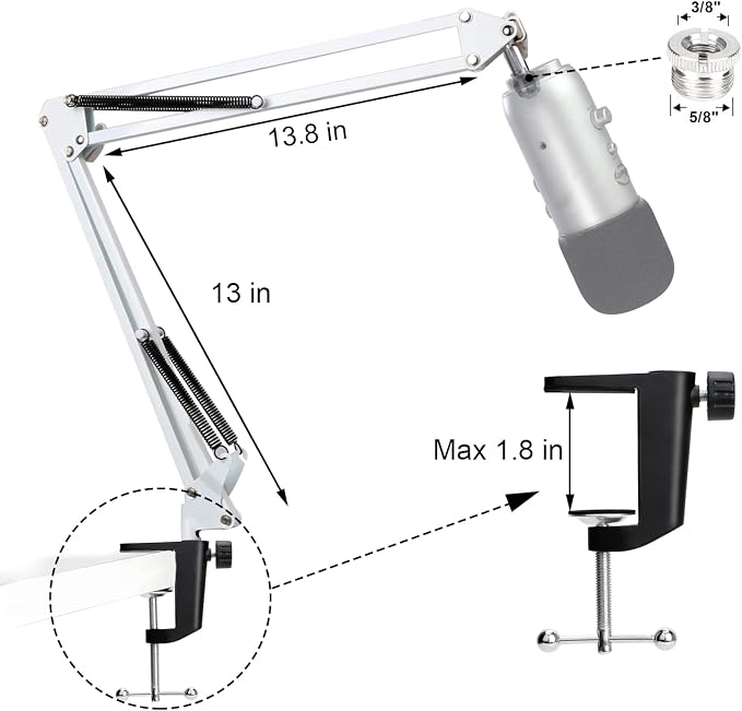 YOUSHARES White Mic Stand with Pop Filter - Microphone Boom Arm Stand with Foam Cover Windscreen for Blue Yeti, Blue Yeti Pro Mic