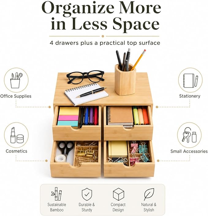 Bamboo Desk Organizer, 4-Drawer Wooden Desk Organizer with Full Pull-out Drawers, No Assembly Bamboo Storage Drawer for Office Supplies Cosmetics