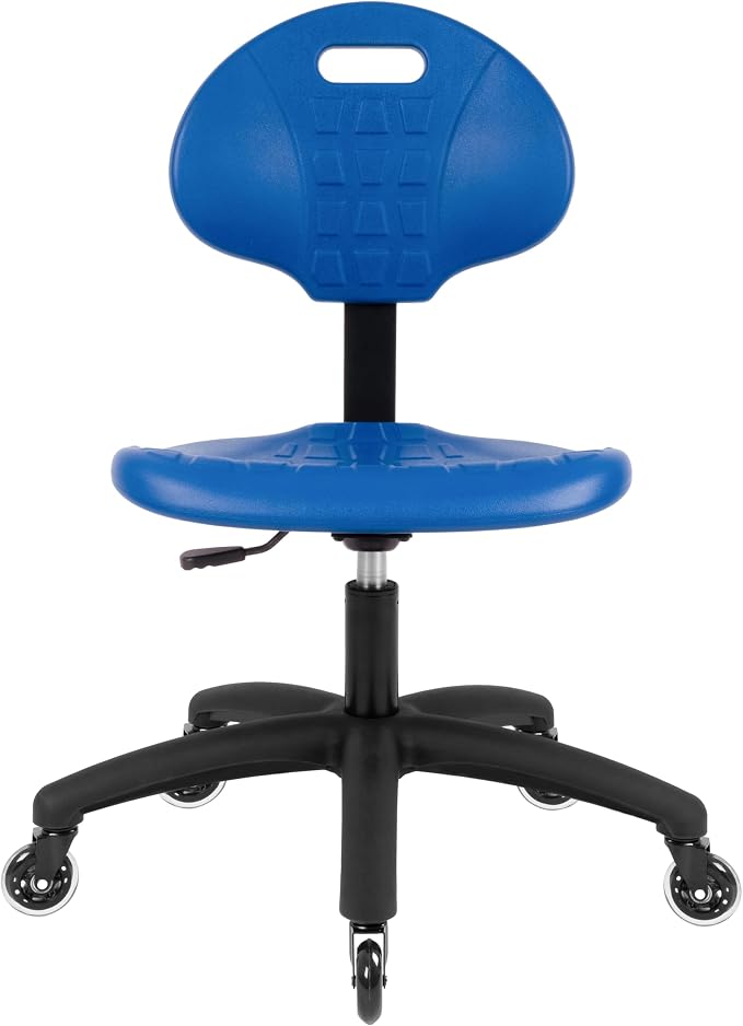 Table Height Chair/Stool-Easy to Clean! Deluxe Ergonomic Polyurethane Chair. 5" of Height Adj (16.5"-21.5") 450 lb Capacity. Automotive, Lab, Garage, Home, Office (Rubber Roller, Blue)
