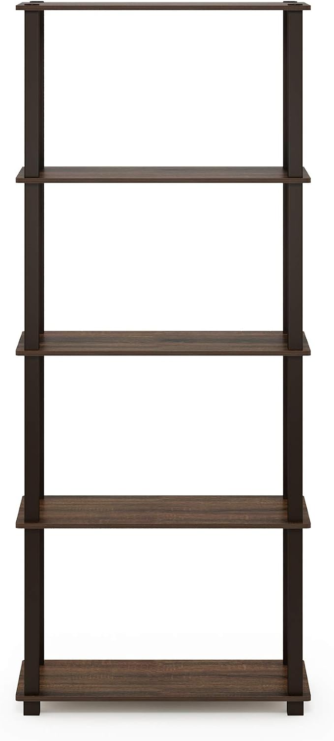 Furinno TURN-S-TUBE Book Shelf, 5-Tier Toolless Storage Shelves with Square Tubes, Shelving Unit for Organization and Storage for Living Room, Home Office, Walnut