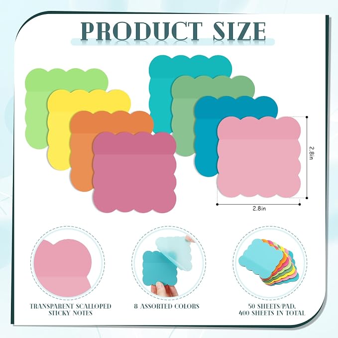 Eaasty 400 Sheets Transparent Sticky Notes 2.8x2.8 Clear Scalloped Sticky Notes 8 Pads Cute Wavy Translucent Pads Waterproof See Through Note for Bible Study Annotation School Office(Bright Colors)