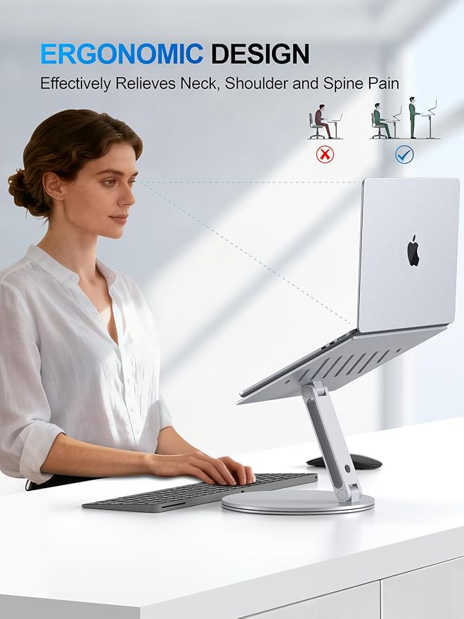 YICOSUN Laptop Stand for Desk, 360° Rotating Height Adjustable Computer Stand, Ergonomic Aluminum Laptop Riser with Ventilated Cooling, Foldable for 10-16 inch MacBook Pro Air Neo Dell HP - Silver