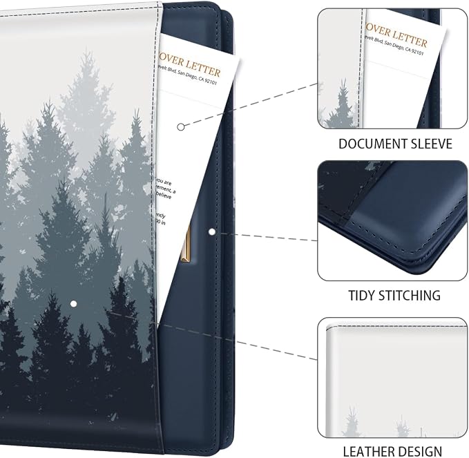 Padfolio/Resume Portfolio Folder for Women Men, WAVEYU Cute Chic Padfolio Cover Folder, Conference/Legal Document Organizer with Letter/A4 Size Clipboard, Document Sleeve, Forest Pattern