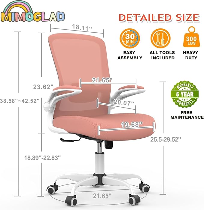 Mimoglad Home Office Chair, High Back Desk Chair, Ergonomic Mesh Computer Chair with Adjustable Lumbar Support and Thickened Seat Cushion