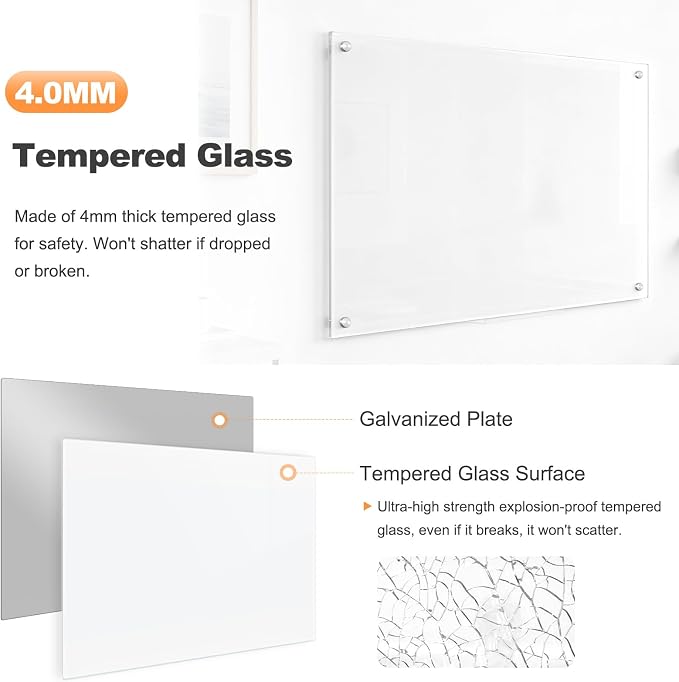 Magnetic Glass Whitebaord for Wall, 36" x 24" Dry Erase Frameless Glass Dry Erease Board for Home School Office, Ultra White