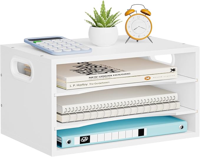 Marbrasse 3 Tier Wood Desk Organizer,Desk Paper Letter Tray Organizer，White | Wooden Desktop File Organizer with Handle and Paper Sorter Mail Holder for Office School & Home Supplies Organization