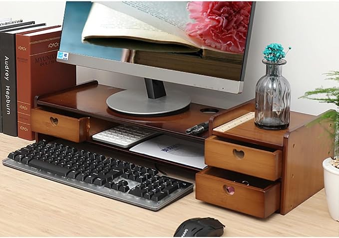 Bamboo Desk Monitor Stand with Drawer Wooden Computer Stand for Desk Monitor Riser with Storage for Laptop, PC Screen, TV, Printer, 3 Drawers + Hidden Keyboard Space