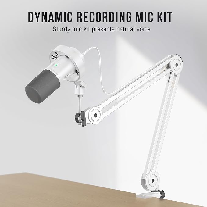 FIFINE Podcast XLR/USB Microphone Kit, Studio Dynamic Vocal Mic for Recording, Streaming, Voice-Over, PC Microphone with Boom Arm with Mute, Headphone Monitoring, Metal-AmpliTank K688T White