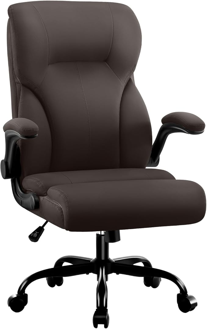 Executive Office Chair,High Back Ergonomic Comfy Desk Chair with Padded Flip-up Armrests,PU Leather Heavy Duty Computer Swivel Rolling Task Chair for Home Office,Adults,Dark Brown