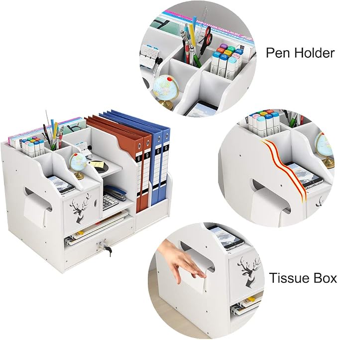 White Desktop Organizer, Multipurpose Desk Document File Tray Organizer Storage Display Shelf Rack for Home Office School(PB02)