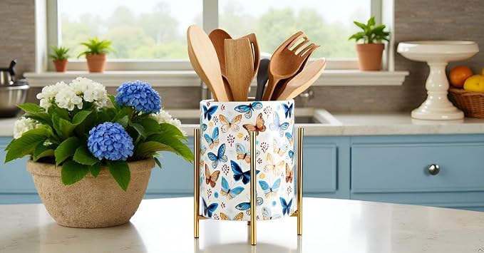 Pencil Cup Sturdy Metal frame with white Ceramic Pen Holder For Desks and kitchen Appliance Holders