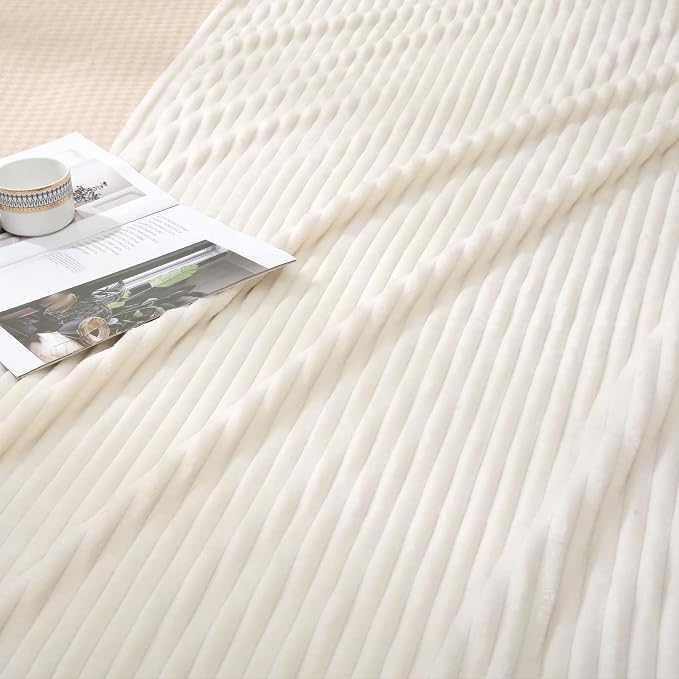 Vessia Flannel Fleece Throw Blanket for Couch, Sofa, Bed, 300GSM Microfiber Cream Striped Chair Blanket, Super Soft Warm Cozy Lightweight Ribbed Throw for All-Season
