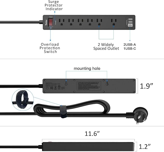 10 Ft Power Strip Surge Protector - Yintar Extension Cord with 6 AC Outlets and 3 USB Ports for Home, Office, Dorm Essentials, 1680 Joules, ETL Listed, Black