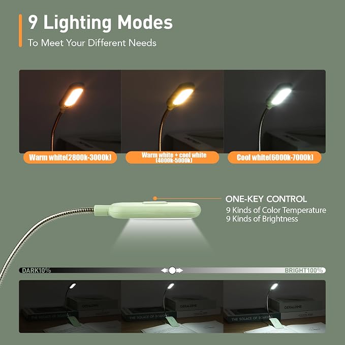 VAVOFO Rechargeable Book Light for Reading in Bed Kids, 7 LED Reading Light with 9-Level Warm Cool White Daylight, Eye Care Lamp with Power Indicator for Bookworms (Avocado Green)