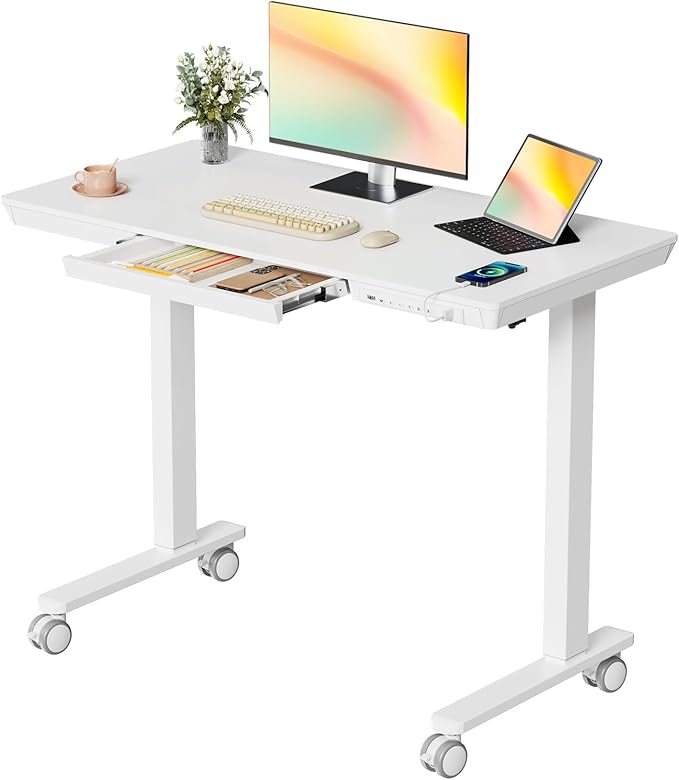 Electric Standing Desk with Drawer, 40" x 20" Whole Piece Tabletop Samll Sit Stand Desk, Height Adjustable Desk with Storage & USB Ports, Quick Install Home Office Computer Desk, White