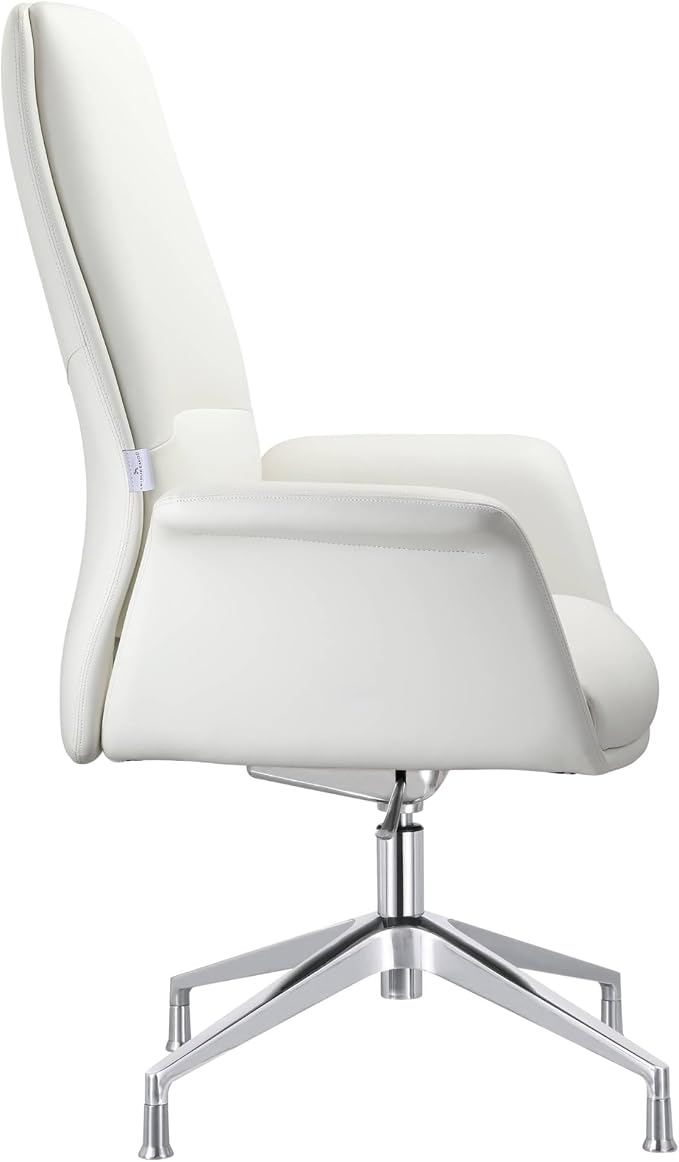 LeisureMod Mid-Century Modern Swivel Office Chair, Adjustable Height with Faux Leather Seat and Aluminum Frame, White