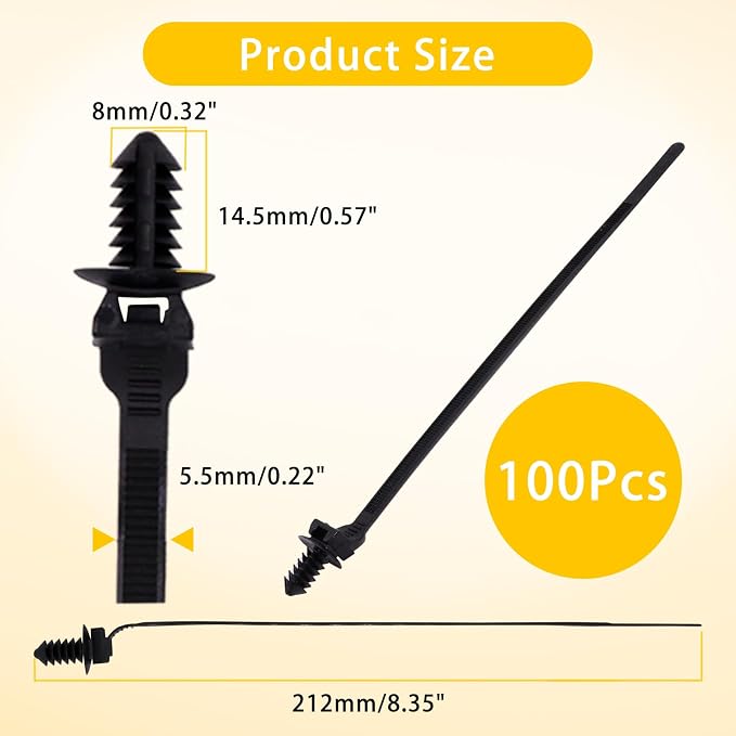 100 PCS Push Mount Zip Ties, 8.3 Inch Nylon Car Mount Wire Ties Snap in Cable Zip Ties, Black Push Mount Cable Ties Automotive Zip Ties Wire Harness Clips for Wire Tying (8.3" L x 0.2" W)