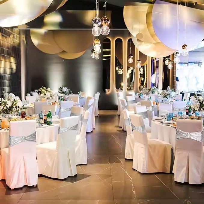 Tvoip 10PCS Chair Cover Stretch Band with Buckle Slider Sashes Bow Wedding Banquet Chair Decoration (Metallic Silver)