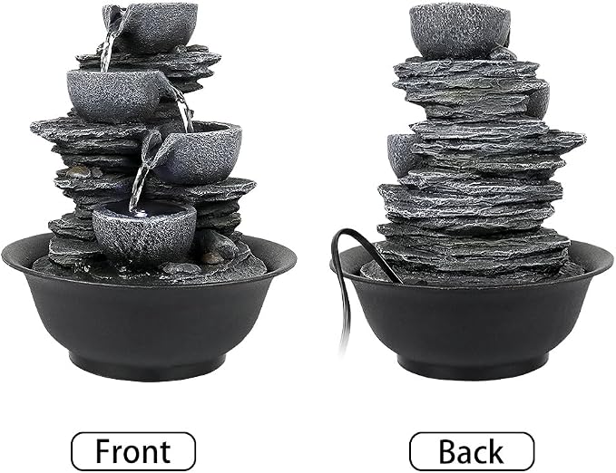 10.6” High Tabletop Water Fountain - 4-Tier Tabletop Fountain Indoor with LED Light, Rock Style Cascading Desk Fountain, Zen Relaxation Water Feature for Office, Living Room or Bedroom Decor