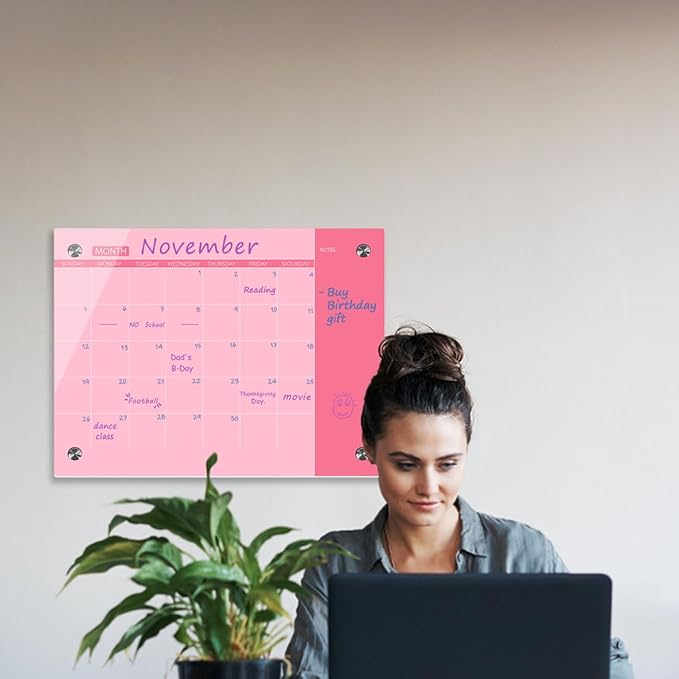 Pink Glass Dry Erase Whiteboard, 18" x 24", Frameless Glass White Board for Home, School, Office
