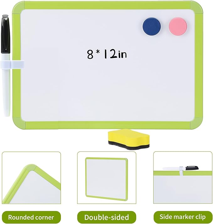 MXG Double Sided Dry Erase Board, 8x12 Inch Portable Small White Board with Green Frame, Handheld Whiteboard for Desk, Fridge, Wall, Door, Includes Marker, Eraser & Pen Holder