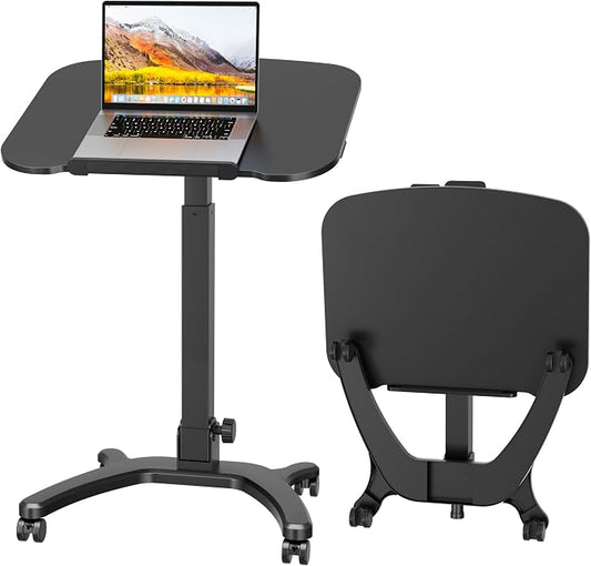 BONTEC Mobile Foldable Standing Desk, Portable Adjustable Height Desk with Gas Spring, Small Rolling Laptop Desk with Wheels for Home, Office, Bedroom, and Medical Use, 25.6" x 19.7" Desktop, Black