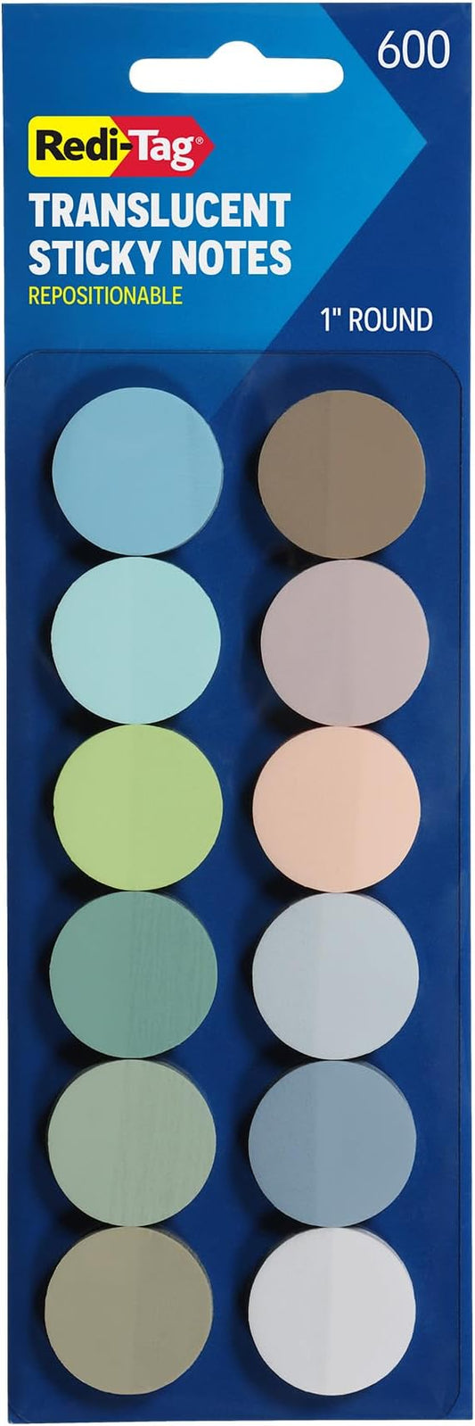 Redi-Tag Transparent Sticky Notes, 12 Pads Per Pack, Circle Sticky Notes, Round Adhesive Notes, Small Sticky Tabs for Organizing, 1 inch Diameter, 12 Calming Colors (1016718)