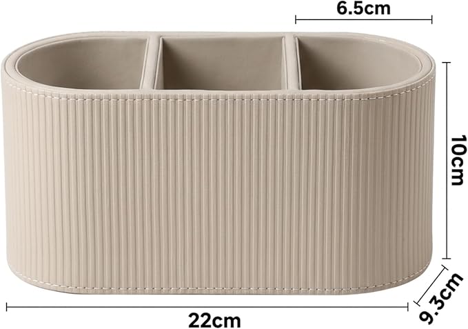 Elegant PU Leather 3-Compartment Desktop Organizer - Stylish Pen Holder & Stationery Storage Box with Vertical Texture, Creamy Beige for Home Office