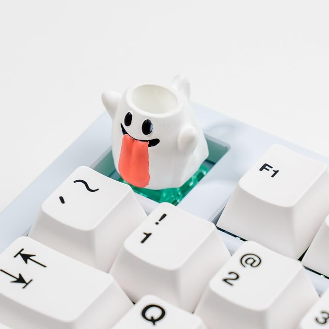 Ghost Artisan Keycap, White with Red Accent, Resin Material, 1U Size, MX Switch Compatible, Novelty Design for Mechanical Gaming Keyboards
