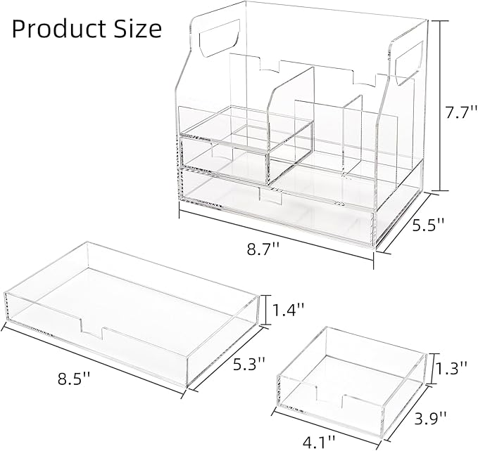 Acrylic Desk Organizer with 2 Drawers, Clear Office Drawer Organizer with Handle, Pencil Pen Holder Storage Desktop Accessories 7 Compartments for Home Makeup Magazine File Art Supply