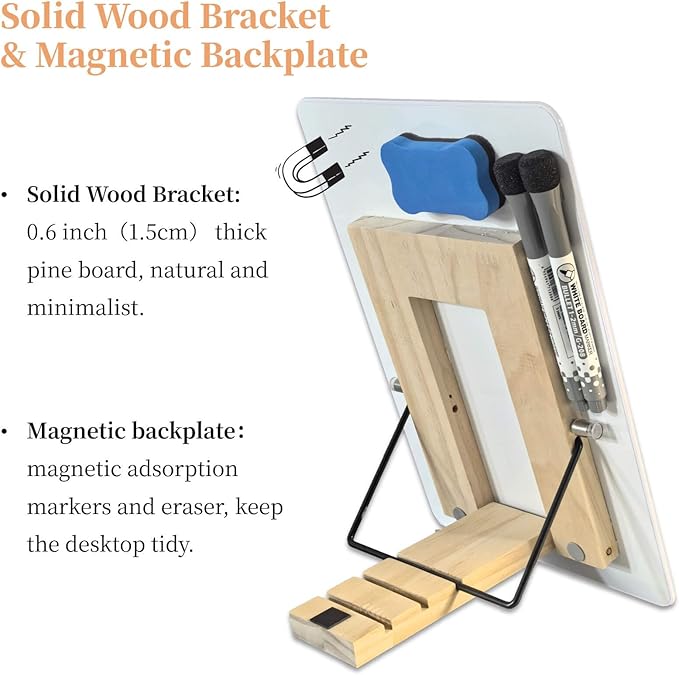 Glass White Board with Stand,Magnetic Mini Dry Erase Board for Desk,Small Desktop Whiteboard with Solid Wood Bracket