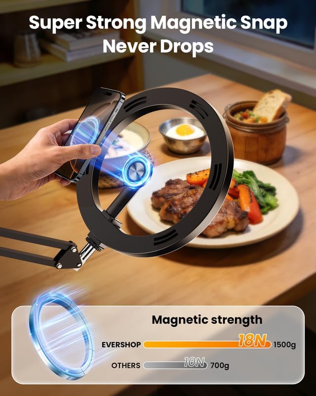 Magnetic Overhead Ring Light for Desk, 10” Selfie Light with Stand Tripod for iPhone, Adjustable Overhead Phone Mount with MagSafe-Compatible Holder for Recording, Vlogging, Crafts, TikTok, YouTube