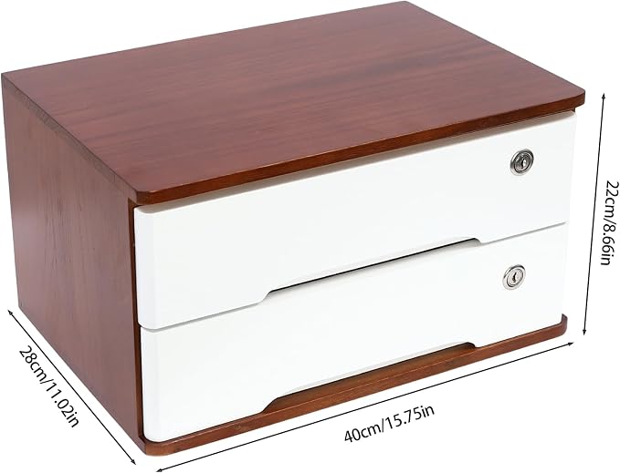 2-Tier Desktop Storage Box with Lockable Drawer, Wooden Desk Organizer for Office Supplies, Flat File Cabinet, Minimalist Design for Home & Office Use(Walnut+White)