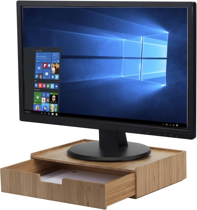 MobileVision Bamboo Drawer Large, Monitor Stand & Stackable Storage Solution for office products pens, pencils, scissors, notepads, business cards and more